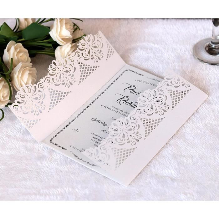 Faire Part Mariage Csirnto - Lot De 10 Cartes Avec Enveloppes Et Rubans - Design Rose Découpée