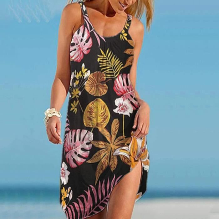Femmes Robe de Plage Ample sans Manches Pas Cher Sexy Boheme Robe a Bretelles Ete Chic Mode Retro Decontractee Col Rond Impression Noir Cdiscount Pret a Porter