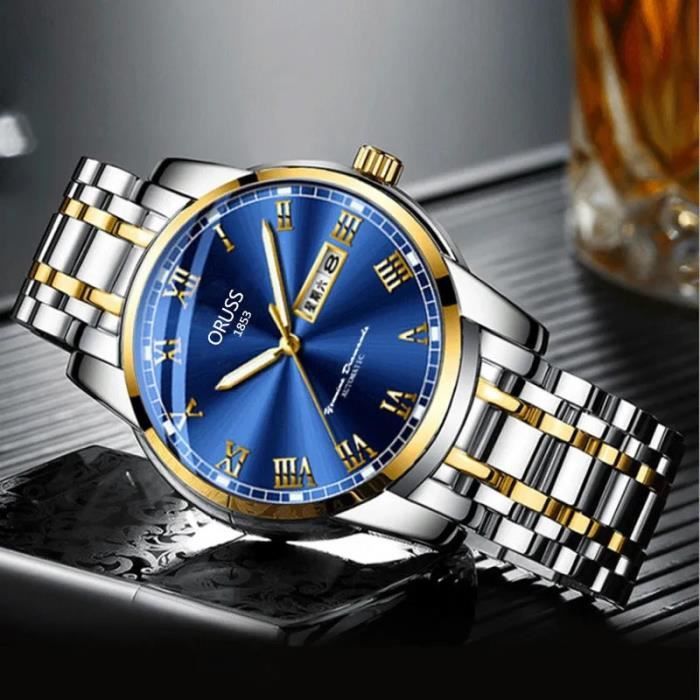 Montre Homme Montre Bracelet Homme Affaires Quartz Etanche Acier Inoxydable  Bande Cadran Bleu