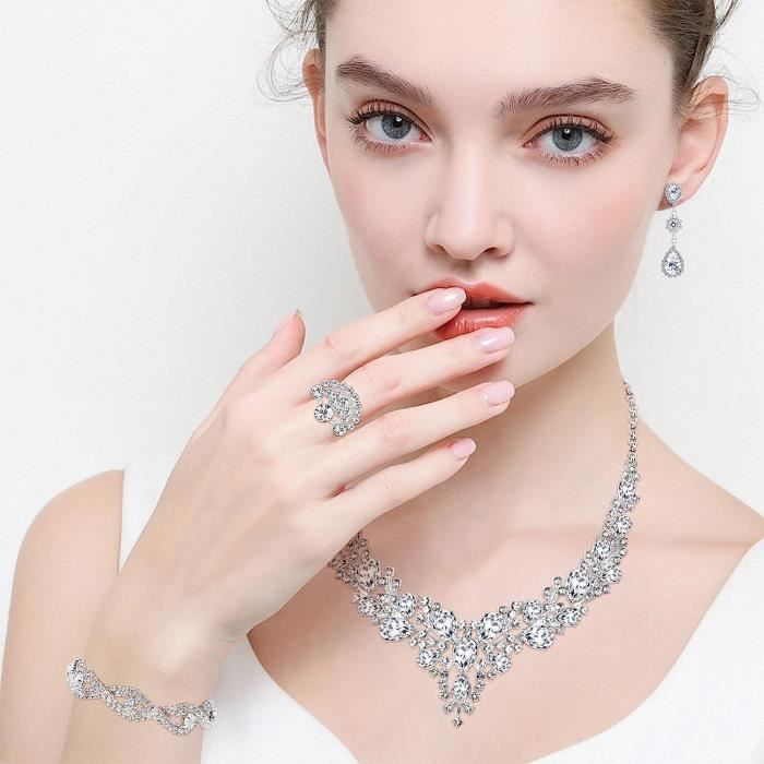 Parure Mariage Femme FSYXK - Parure Mariage (collier+bracelet+boucles) - Perles & Cristal - Élégant Ensemble Collier Et Boucle D'oreille