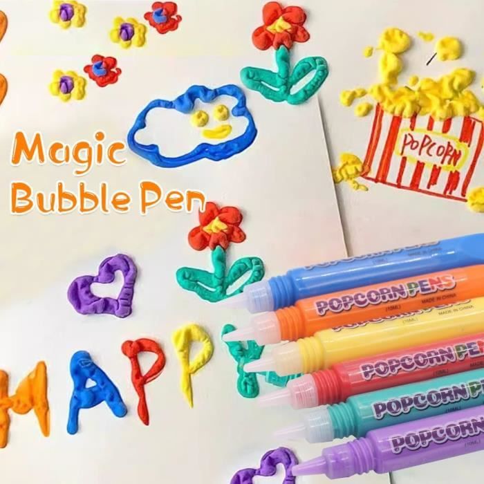 1 Paquet/6pcs Stylos à Dessin à Bulles Pop-Corn, 6 Couleurs Stylos à Peinture Magiques Gonflés Marqueurs 3D Pop-Corn pour Enfants Fournitures Peinture Artistique pour Maison Salle Classe