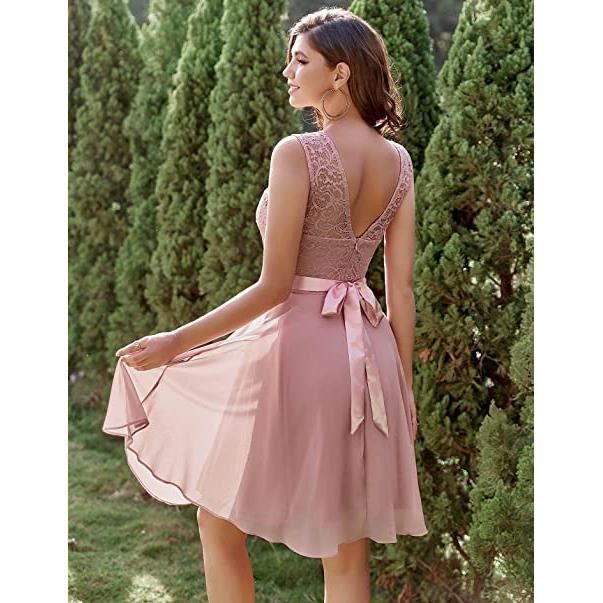 Femme Robe de Cocktail Courte Top Dentelle Jupe Mousseline Swing pour Bal Mariage Blush