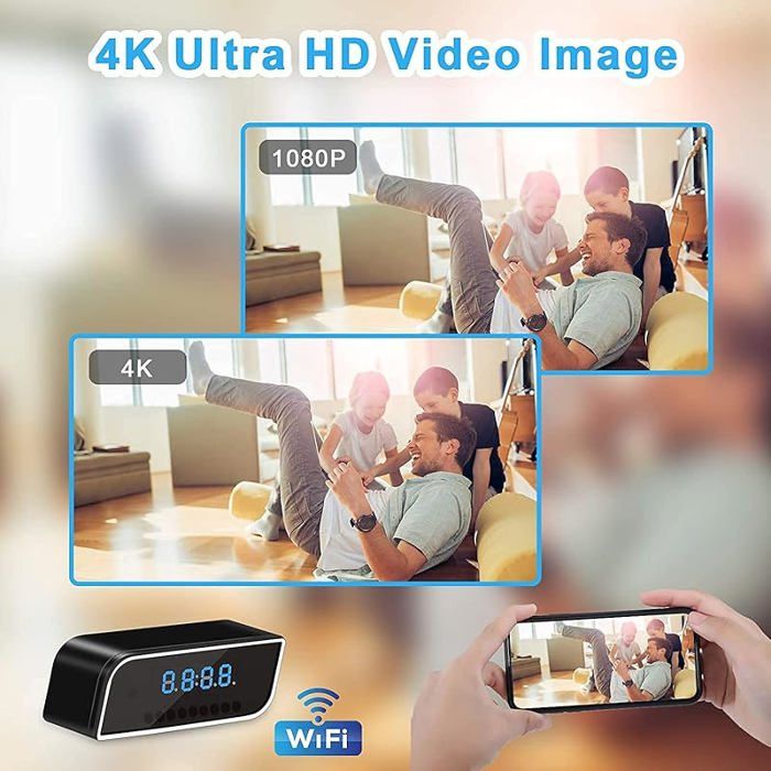 Réveil Caméra Espion 4K WiFi - Caméra Cachée Détection Mouvement Vision Nocturne