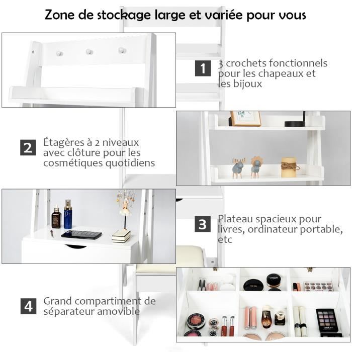 Coiffeuse Enfant COSTWAY Avec Tabouret - Bois Blanc, Miroir Pivotant 360°, 3 Tiroirs - 70x33.5x99.5cm