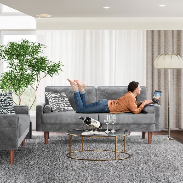 Canape 3 Places en Velours Gris Canape Scandinave doux et confortable avec 2 coussins pour salon Fauteuil Moderne 78 176 85cm