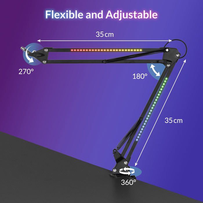 Relota Bras Micro Réglable, Support de Microphone Bleu avec Filtre Anti-Pop, Pince à Micro, 5 Attaches de Câble, Anti-choc, Perche Micro Suspension pour Studio, Diffusion, Enregistrement, Gaming