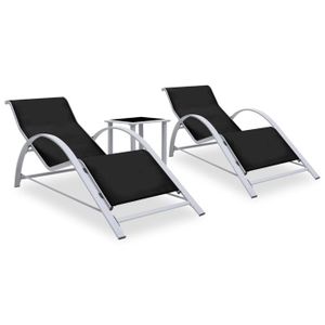 CHAISE LONGUE Lot de 2 transats chaise longue bain de soleil lit de jardin terrasse meuble d exterieur avec table aluminium noir