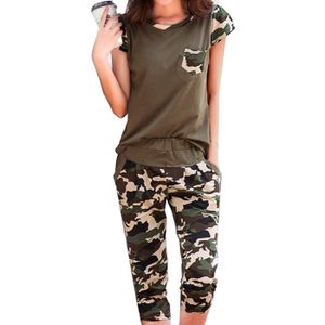 Ensemble de vêtements Sportswear,Survêtement pour femme, ensemble 2 pièces imprimé Camouflage, t shirt + pantalon longueur - Type vert militaire