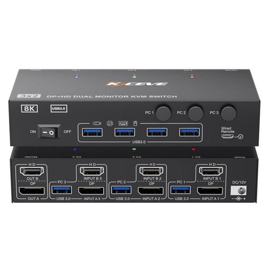 TCNEWCL Commutateur KVM DisplayPort 4K 144Hz 2 PC 2 Moniteurs 8K 60Hz - USB 3.0 + Câbles
