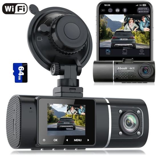 Abask J05 Pro Caméra de Voiture 4K 1080P WIFI APP Connexion DashCam Angle 170°+140°  Vision Nocturne Infrarouge Avec 64Go Carte