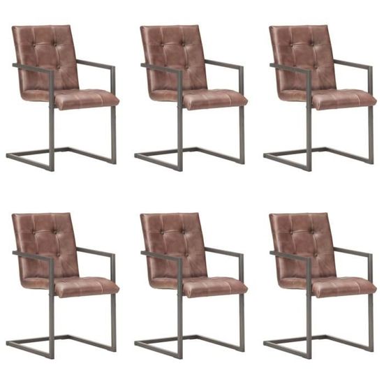 Style Industriel Loft - Lot de 6 Chaises de salle à manger cantilever Moderne - Chaise à dîner Marron Cuir véritable 61482