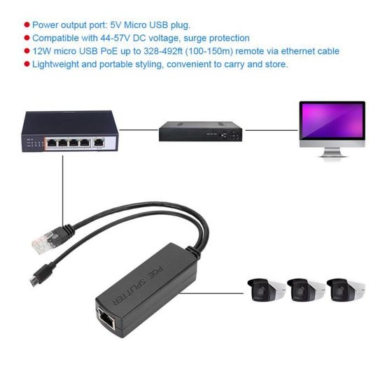 Câble Répartiteur POE 12V - Injecteur Alimentation Ethernet + Splitter 2 Paires Pour Caméra IP Micro USB, Noir