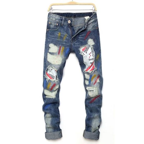 Jeans Homme moto Jean r tro Jeans de peinture Jeans Hommes