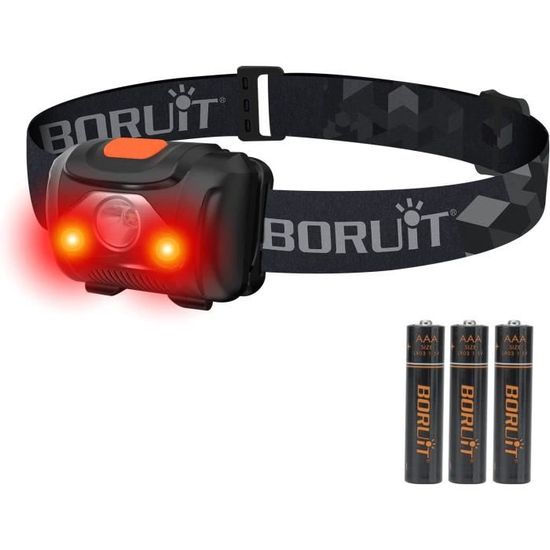 BORUIT Lampada Frontale LED Super Luminosa - 3 Modalit&agrave;, Luce Bianca E Rossa, Impermeabile IPX4, Con 3 Batterie AAA