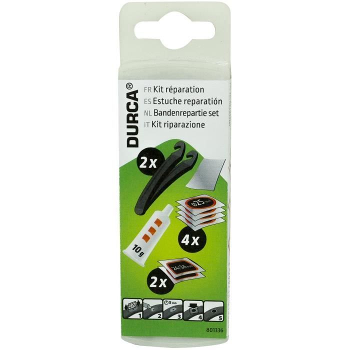 Kit de réparation VTT - DURCA - Colle 10 gr - 4x25mm - 2x34x24mm - 2 démonte-pneus - 1 râpe métal