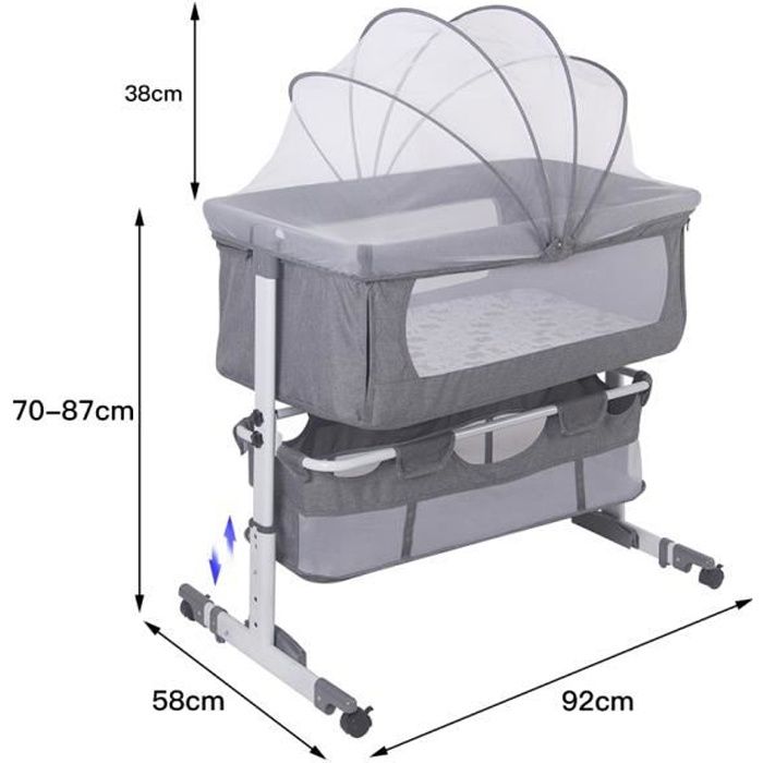 AG Lit Bébé Cododo Berceau Hauteur Régalble Confortable avec matelas - Gris - Sleep well avec moustiquaire - Lit de bébé indépendant
