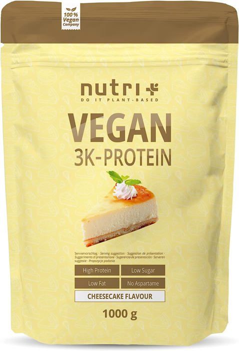 NUTRI-PLUS 3K poudre de protéines 1kg Gâteau au fromage- 84% de protéines végétales - sans lactose - pour la musculation - VEGAN