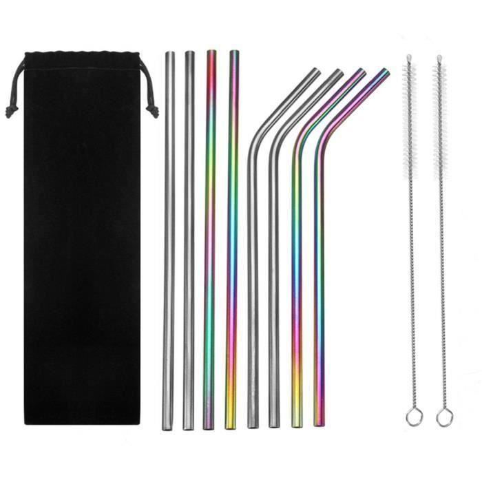 JIE Acier Inoxydable Pailles avec Paille Kit nettoyant 25CM Longue Paille 8 Argent (4 droit-4courbé)