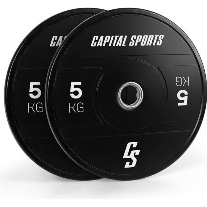 CAPITAL SPORTS Elongate 2020 Bumper Plates : Set disques pour haltère , 2x 5kg , ouverture 50,4 mm , caoutchouc dur - Noir