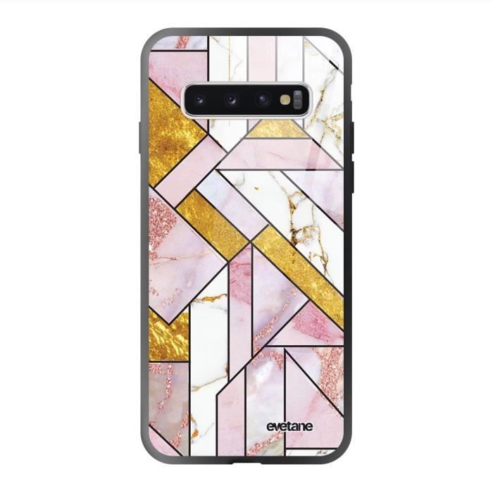 Coque en verre trempé Samsung Galaxy S10 Plus Rose Doré Marbre Graphique Ecriture Tendance et Design Evetane