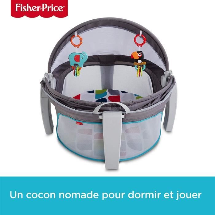 Fisher-Price Dôme-lit protection bébé portable 2-en-1 pour le jeu ou la sieste avec 2 jouets amovibles, dès la naissance, FWX16