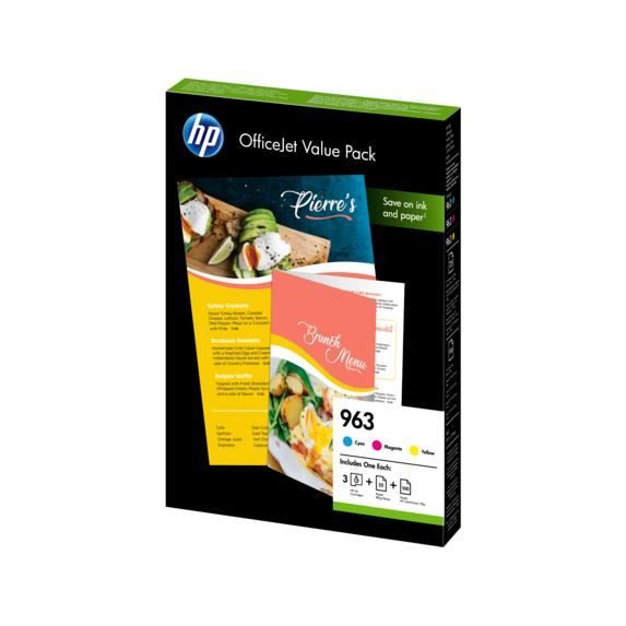 HP 963 Pack Économique 3 Cartouches d'encre Cyan, Magenta, Jaune authentiques et un pack de papier A4 (6JR42AE)