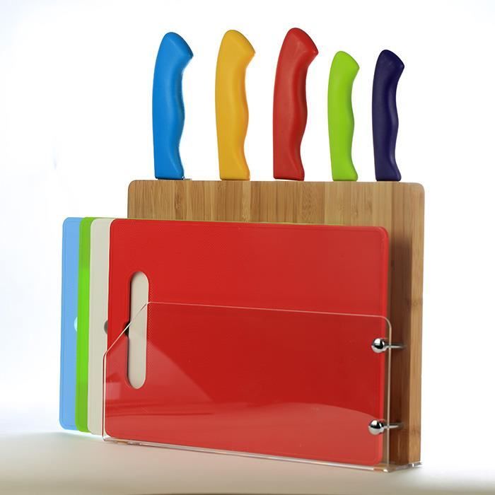Ensemble de 5 couteaux en acier Inox, 4 planches à découper et porte-couteaux en bambou