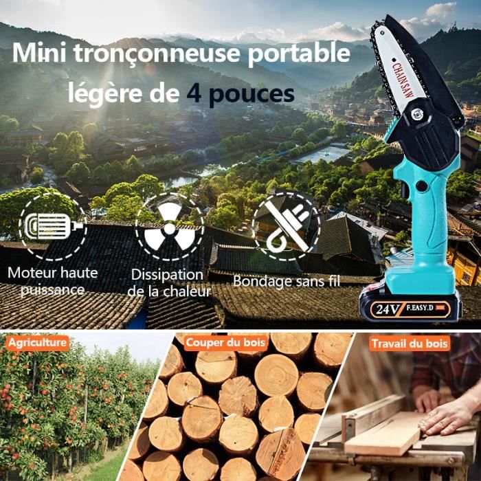 MEROUS Mini tronçonneuse 6 pouces 2 batteries pour une autonomie longue durée (avec boîte à outils)