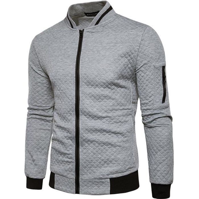 Sweat-Shirt Homme Manches Longues Pull Uni Zippé Bomber Coton Blouson Hommes Veste Sport