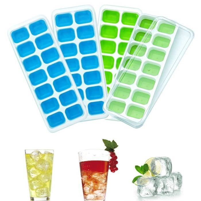 Set de 4 Bac à Glaçons avec Couvercle Moule à Glaçons pour l'eau Cocktails Whisky Aliments Ice Cube de 14 Compartiment Glaçons Boîte