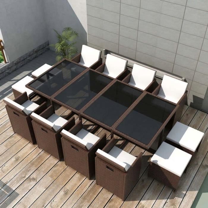 vidaXL Mobilier de jardin encastrable et coussins 13 pcs Rotin Marron