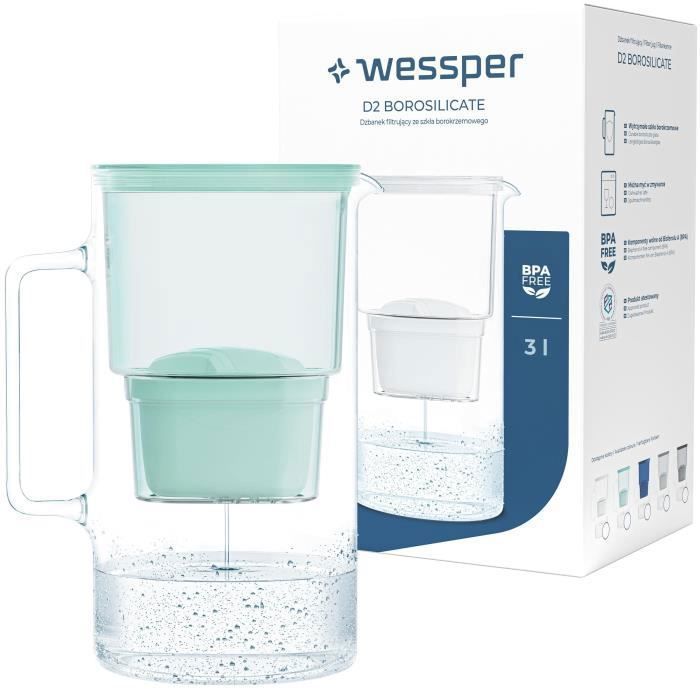 Wessper Carafe en verre avec 1 filtre à eau (compatible avec Brita Maxtra), Eau filtrée avec grand goût et pureté, 2.5 Litres, menth