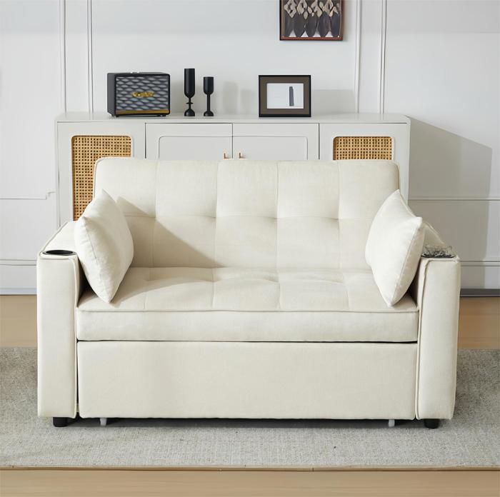 Canape 2 Places avec des Coussins - Canapé Convertible Beige - Canapé Clic Clac - Velours - Convient au Salon à la Chambre