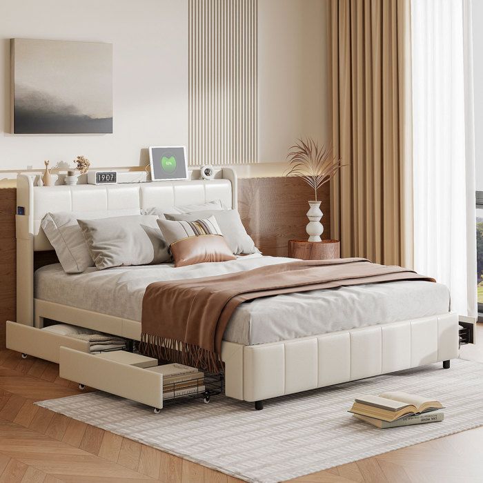 Lit adulte - Blanc - 160x200 cm - Rembourré avec 4 tiroirs - Port USB intégré - Sommier à lattes