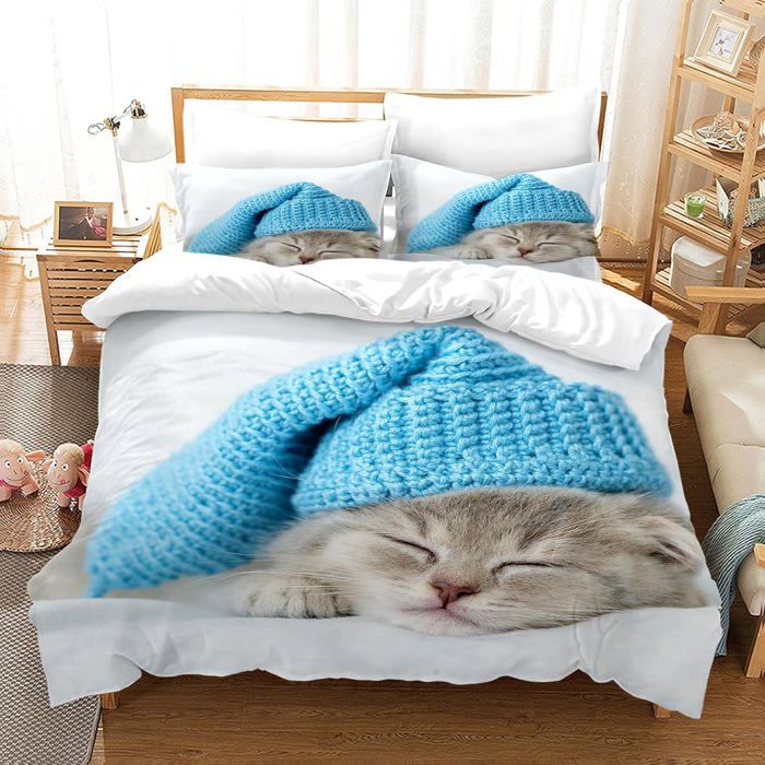 Housse de Couette Chat avec Housse de Couette et taie doreiller 65x65cm Housse de Couette 3D Animal de Compagnie 140x200cm