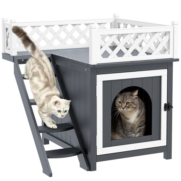 Meilleurs prix pour Maison pour chat - PawHut - 2 étages - avec balcon, escaliers - pour intérieur extérieur - bois massif - 67,5 x 63 x 68,5 cm - gris
