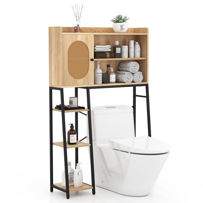 Armoire WC GOPLUS- Rangement Au-Dessus des Toilettes - avec Porte en Rotin PE et Étagère Réglable - Naturel