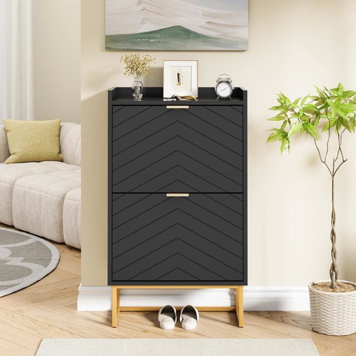 GOOBUY Armoire à Chaussure Inclinable 2 Compartiments Étagère Réglable à 2 Positions Motif en Ligne 50x24x91cm Noir
