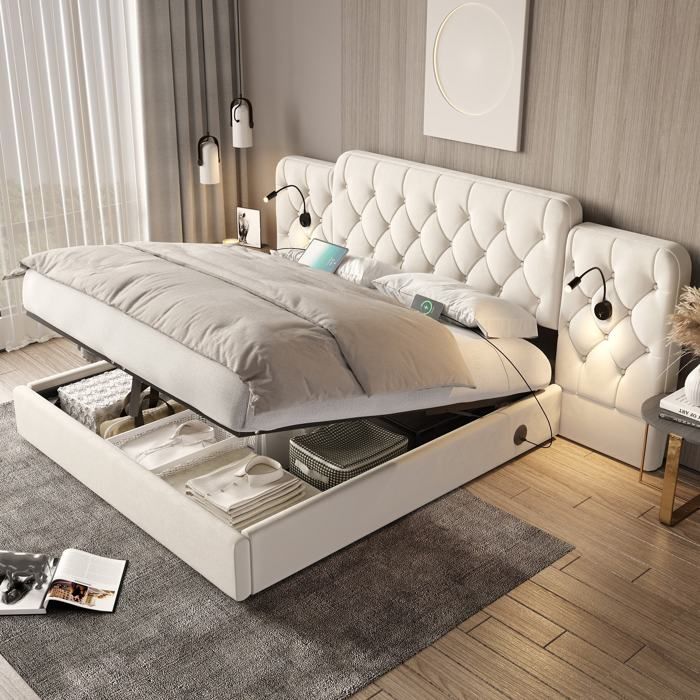 Lit 160 x 200 avec tête de lit longue et coffre sommier européen velours lit double avec hydrauliques USB et lampe de table beige