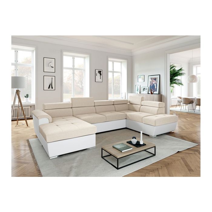 Canapé panoramique PAOLA convertible 2 coffres en tissu Easy Clean antitache et simili- Beige/Blanc Canapé panoramique PAOLA convertible 2 coffres en tissu Easy Clean antitache et simili- Beige/Blanc