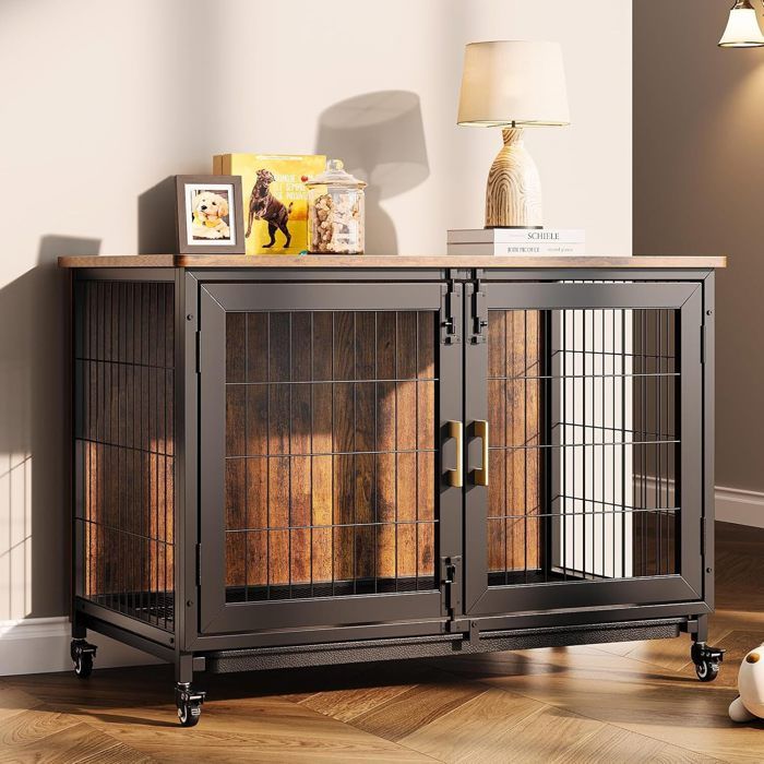 Comparer les prix de Cage pour Chiens - Marron Rustique - Plateau Amovible - Maisonnette pour Animaux - 2 Portes,95 X 56 X 65CM