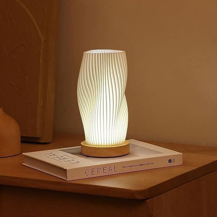 Lampe de Chevet avec Base en Bois Lampe de Chevet à Intensité Variable 12 Voies avec Abat-jour en PLA pour Salon ramadan Blanc Chaud