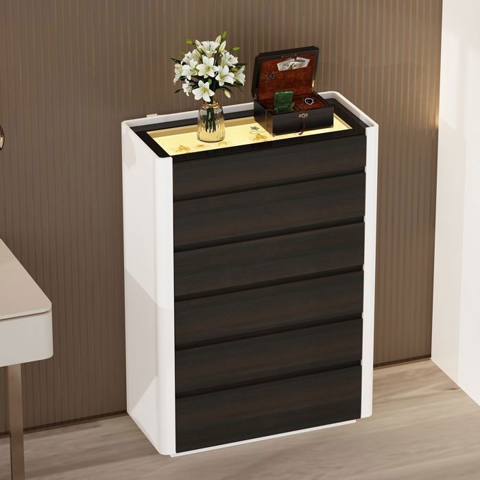 Chiffonnier de Chambre avec Lumières LED et Dessus en Verre Commode avec 6 Tiroirs en Bois 85 x 40 x 130cm Brun Foncé et Blanc