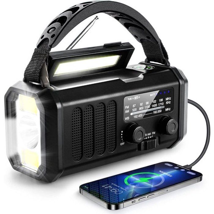 Radio de Survie Solaire et Manivelle Batterie 10000mAh Powerbank et Lampe Torche Équipement dUrgence Essentiel Noir
