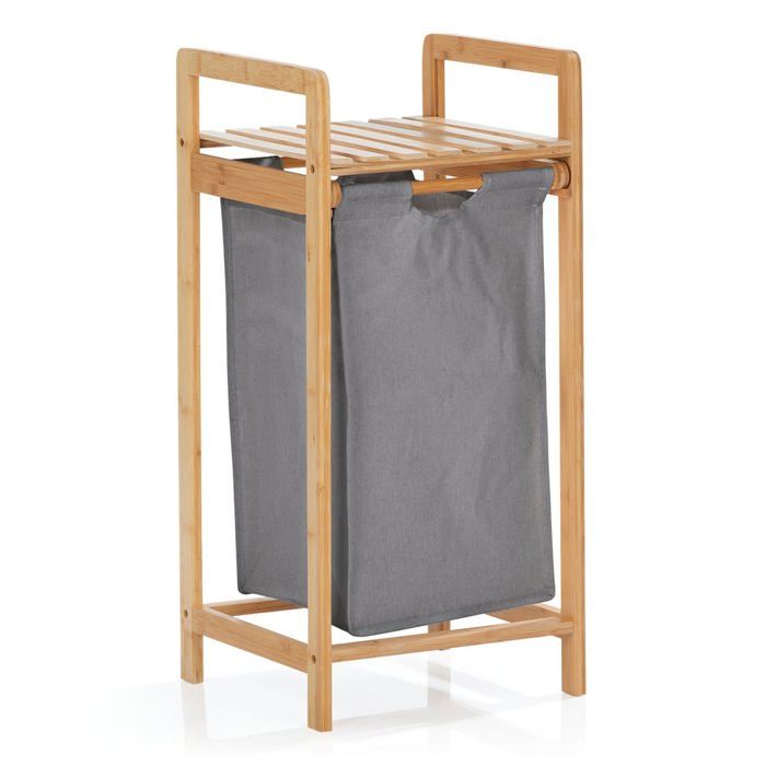 Panier à linge - LUMALAND - 33x33x73 cm - Bambou - Sac extensible 30 L - Gris
