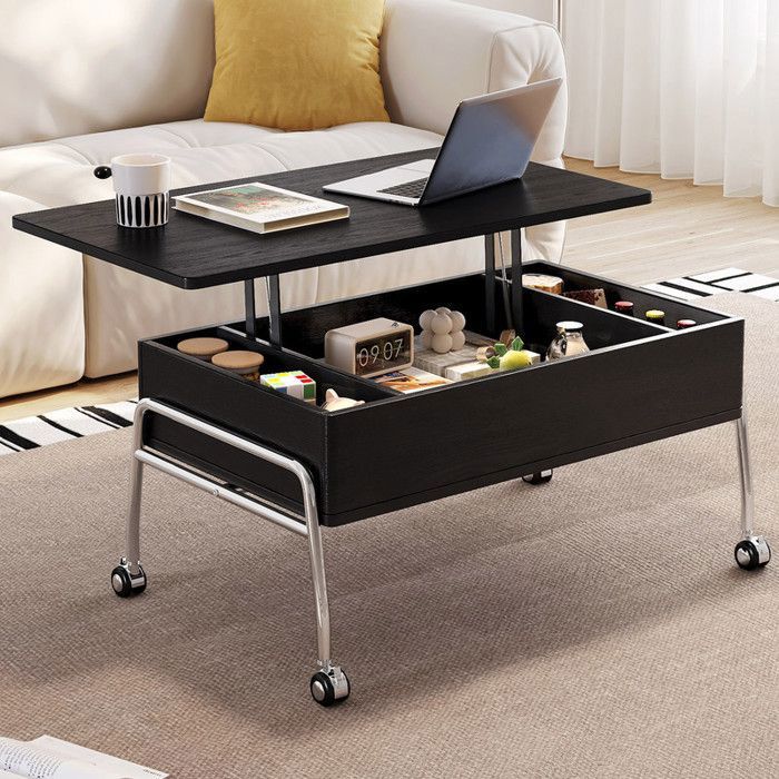 Table basse relevable avec rangement multifonction design moderne avec roulettes hauteur réglable gain de place pour salon
