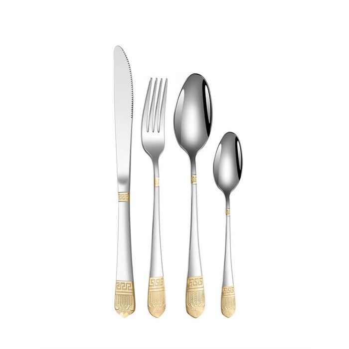 Service de couverts - SONOOK - Ménagère 24 pièces - Inox 304 - Finition poli brillant détails dorés - Compatible lave-vaisselle