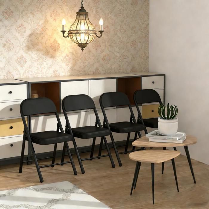 Lot de 4 Chaises pliable PIPIPOXER Chaises à Manger en Cuir et Métal Chaises de Camping 45x45x78 cm Noir