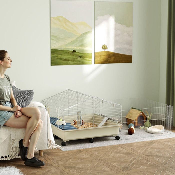 Cage pour petit animal avec enclos lapin abreuvoir râtelier gamelle rampe roue blanc