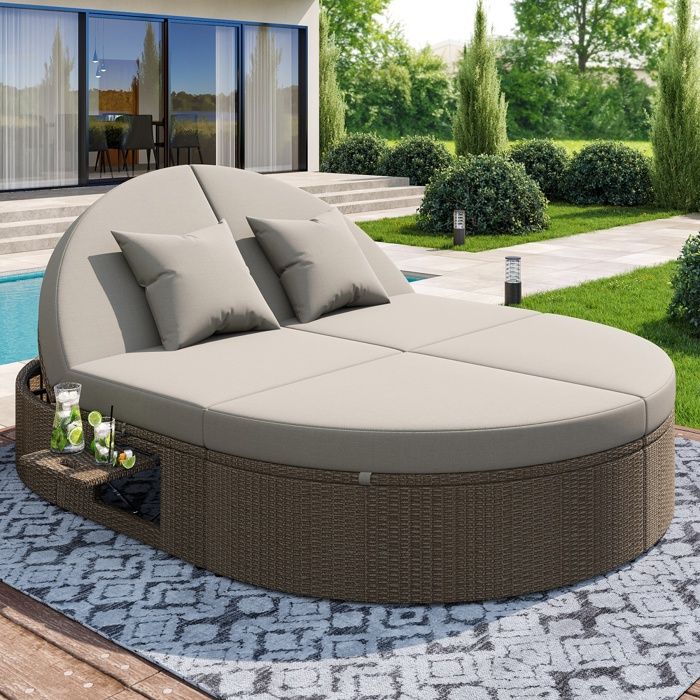 Chaise Longue Double En Rotin Lit De Jardin Avec Tablette Lat rale Chaise Longue Double En Rotin Lit De Jardin Avec Tablette Lat rale